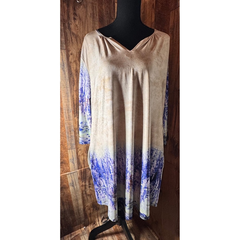 Simply Aster Firmiana Tunic Dress Women's 1X Beige‎ Blue Landscape Print
